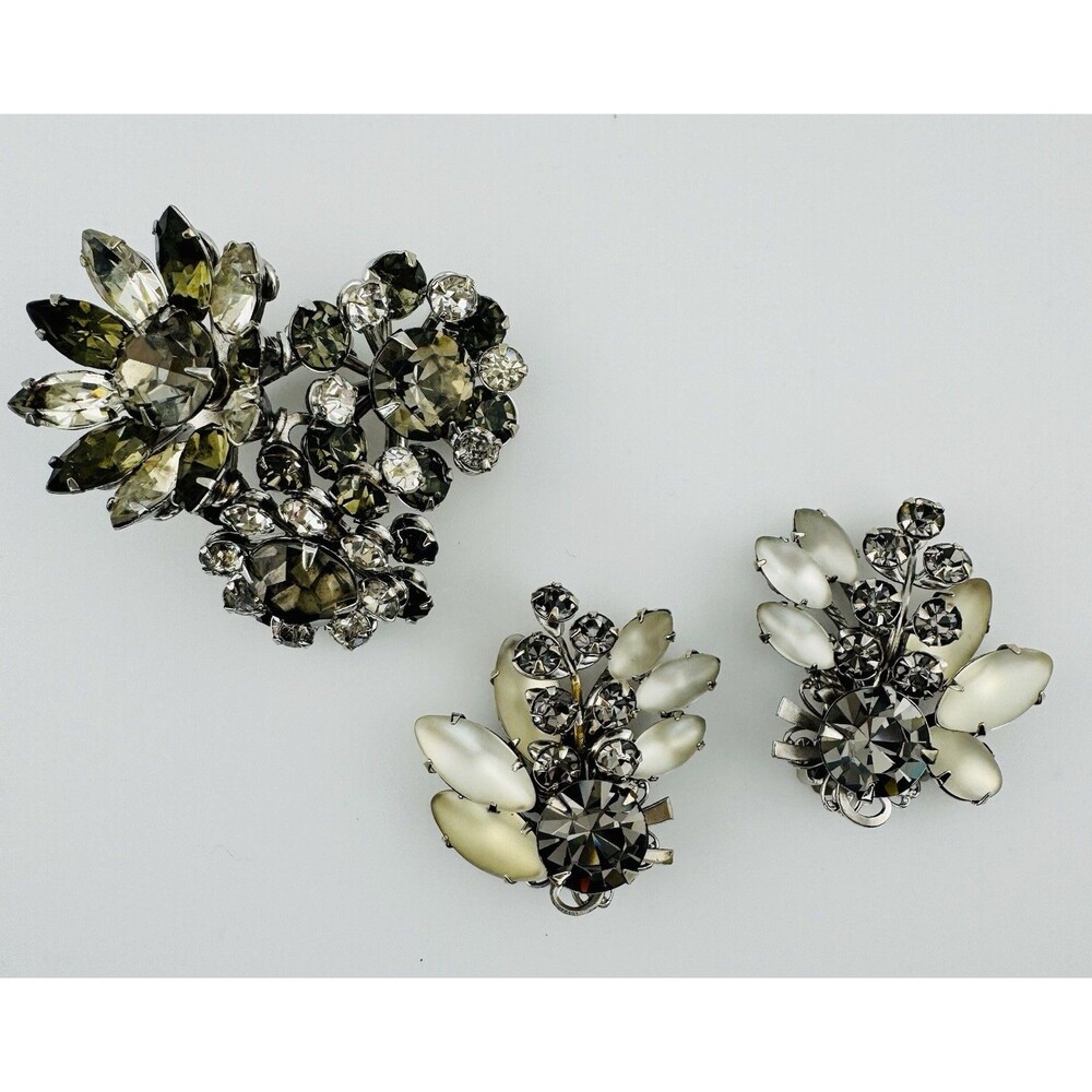 Vintage Rhinestone Brooch Earrings Set Juliana Style Milk Glass Navette